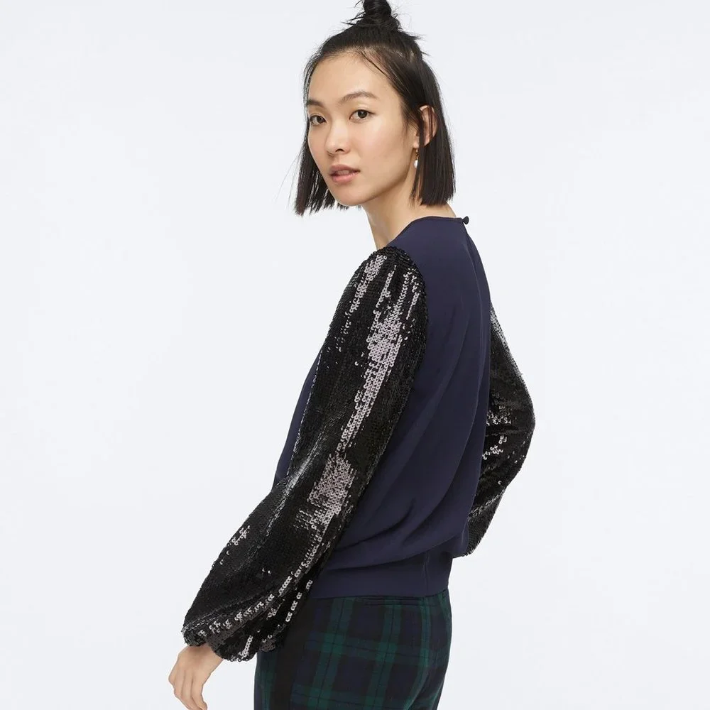 NWT Womens Size XS J. Crew Navy Blue Black Sequin Sleeve Crepe Blouse Top